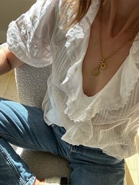 Aerie White Ruffled Lace-Trim Blouse